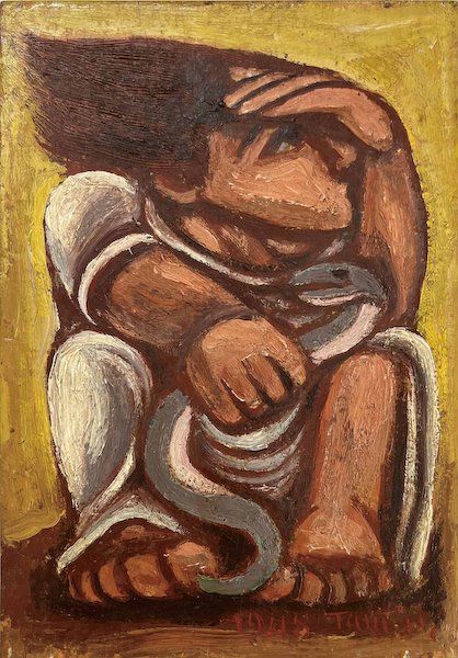北川民次　 「少年とヘビ」 　22.5×15.8cm 板、油彩